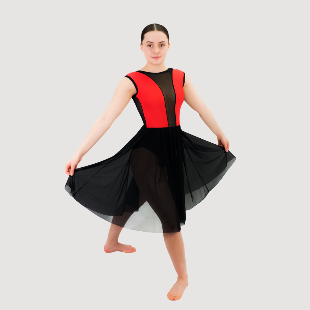 Grace' Red & Black Mesh Cut in Lyrical Dress Grace' Red & Black Mesh Cut in Lyrical Dress