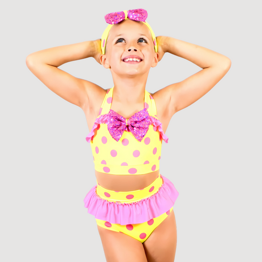 'Itzy Bitzy' Yellow & Pink Polka Dot Two Piece Costume (MTO) - RD Dance Costumes & Uniform