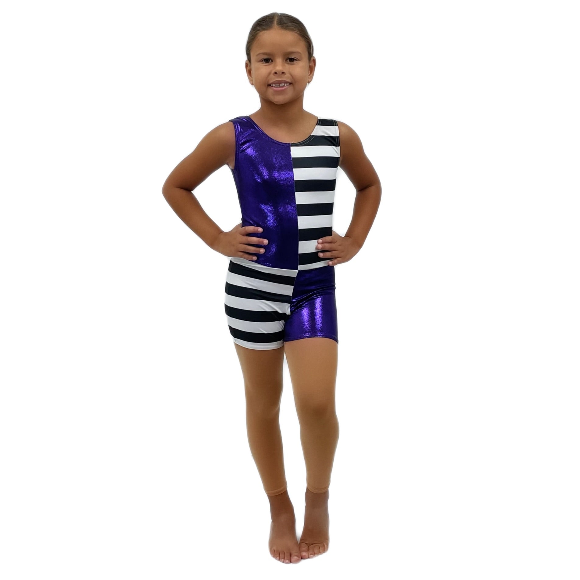 Purple Shine Black, White Stripe Unitard