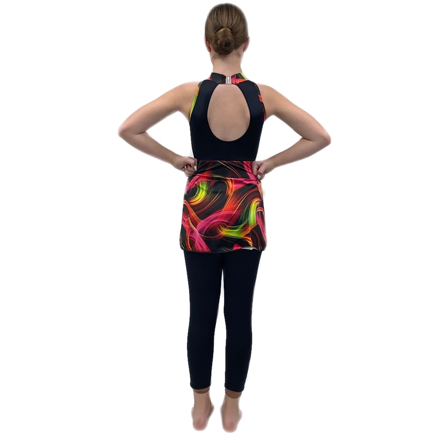 Black Catsuit with Multi Print Skirt & Binding | Razzle Dazzle Dance Costumes