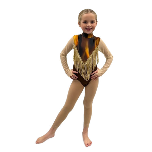 Brown Print Long Sleeved Leotard with Gold Fringing | Razzle Dazzle