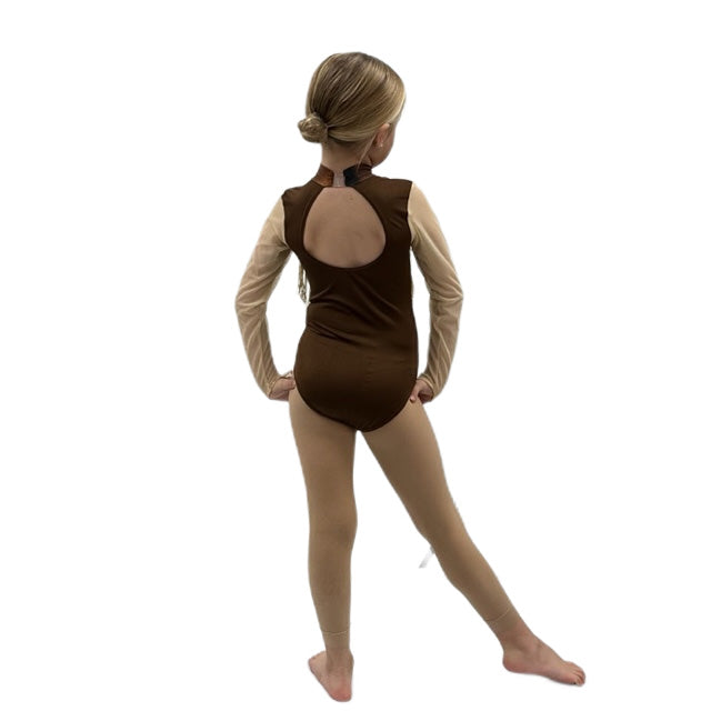 Brown Print Long Sleeved Leotard with Gold Fringing | Razzle Dazzle