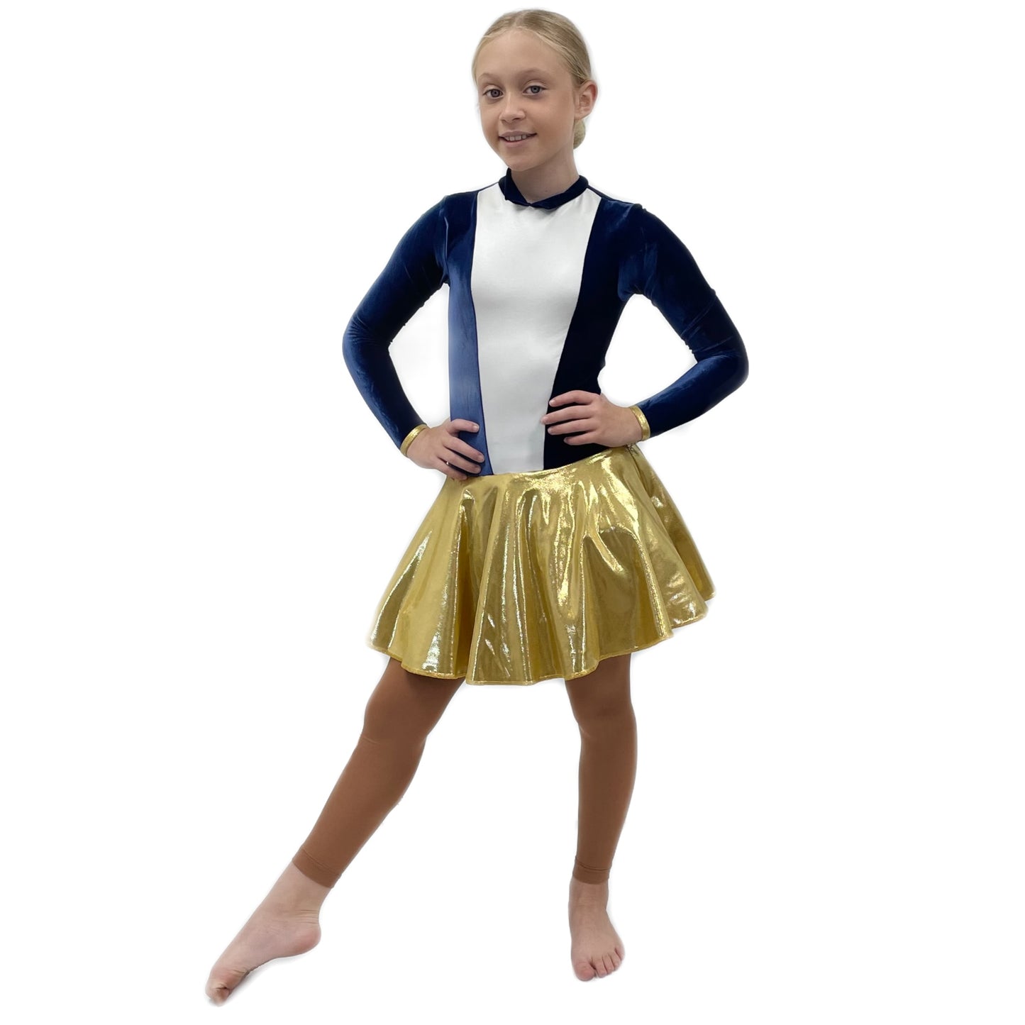 Navy Blue Velour Gold Skirted Leotard | Razzle Dazzle Dance Costumes