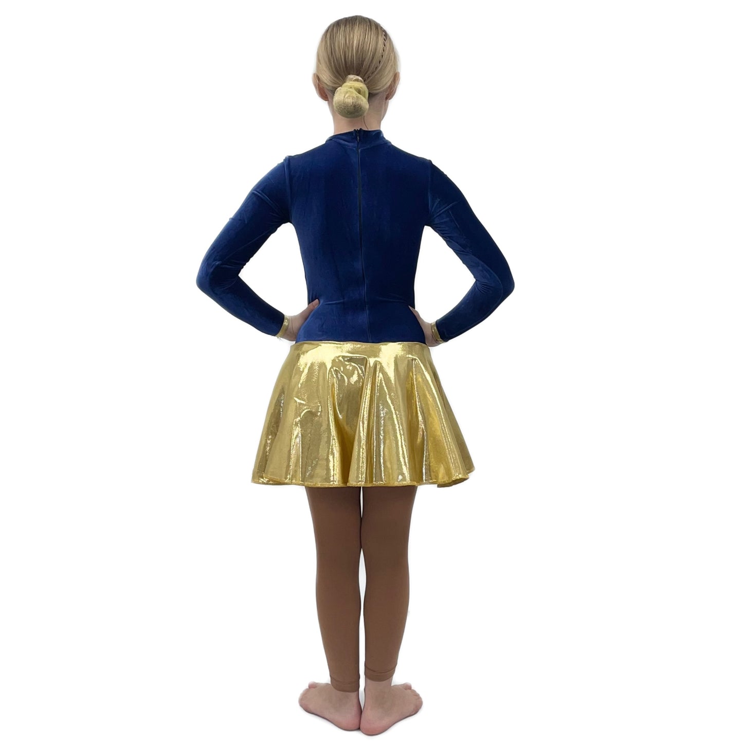 Navy Blue Velour Gold Skirted Leotard | Razzle Dazzle Dance Costumes