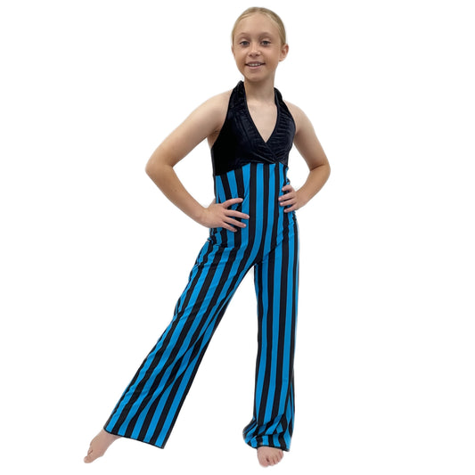 Blue & Black Striped Halterneck Jazzsuit | Razzle Dazzle Costumes