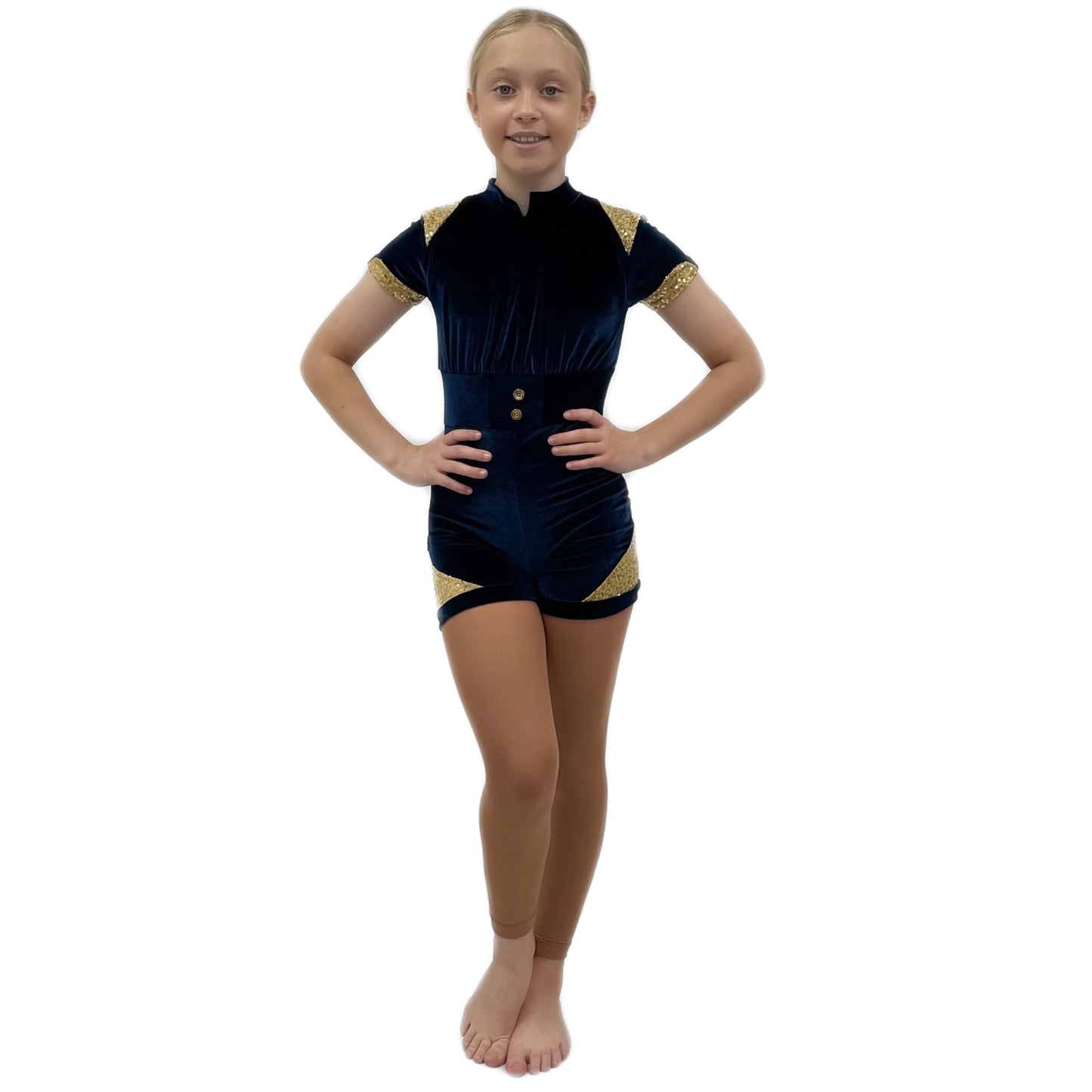 Blue & Gold Velour Unitard | Razzle Dazzle Dance Costumes Ltd