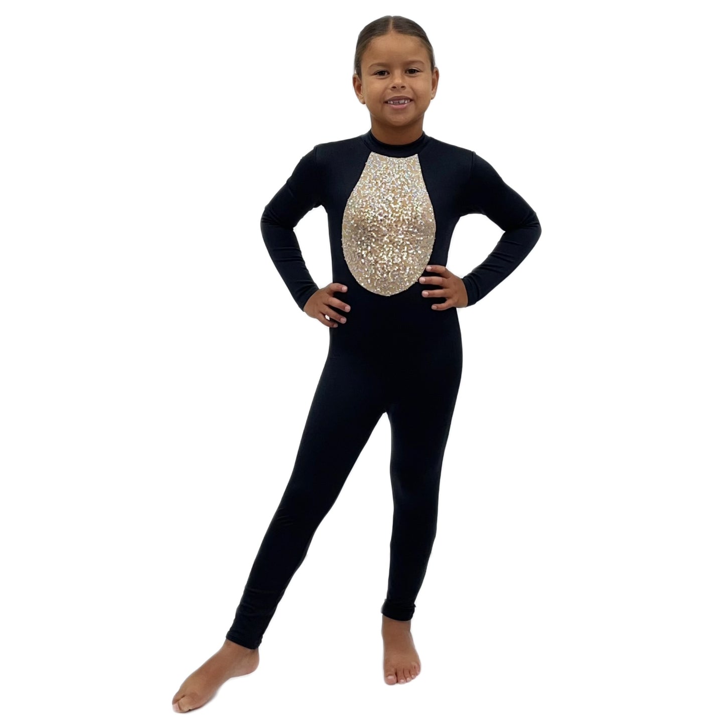 Black Catsuit With Silver Sequin Chest | Razzle Dazzle Dance Costumes