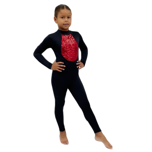 Black Long Sleeved Catsuit Red Sequin Chest | Razzle Dazzle Dance Costumes