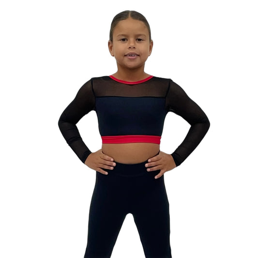 Long Sleeved Mesh Red & Black Cross Back Crop Top | Razzle Dazzle