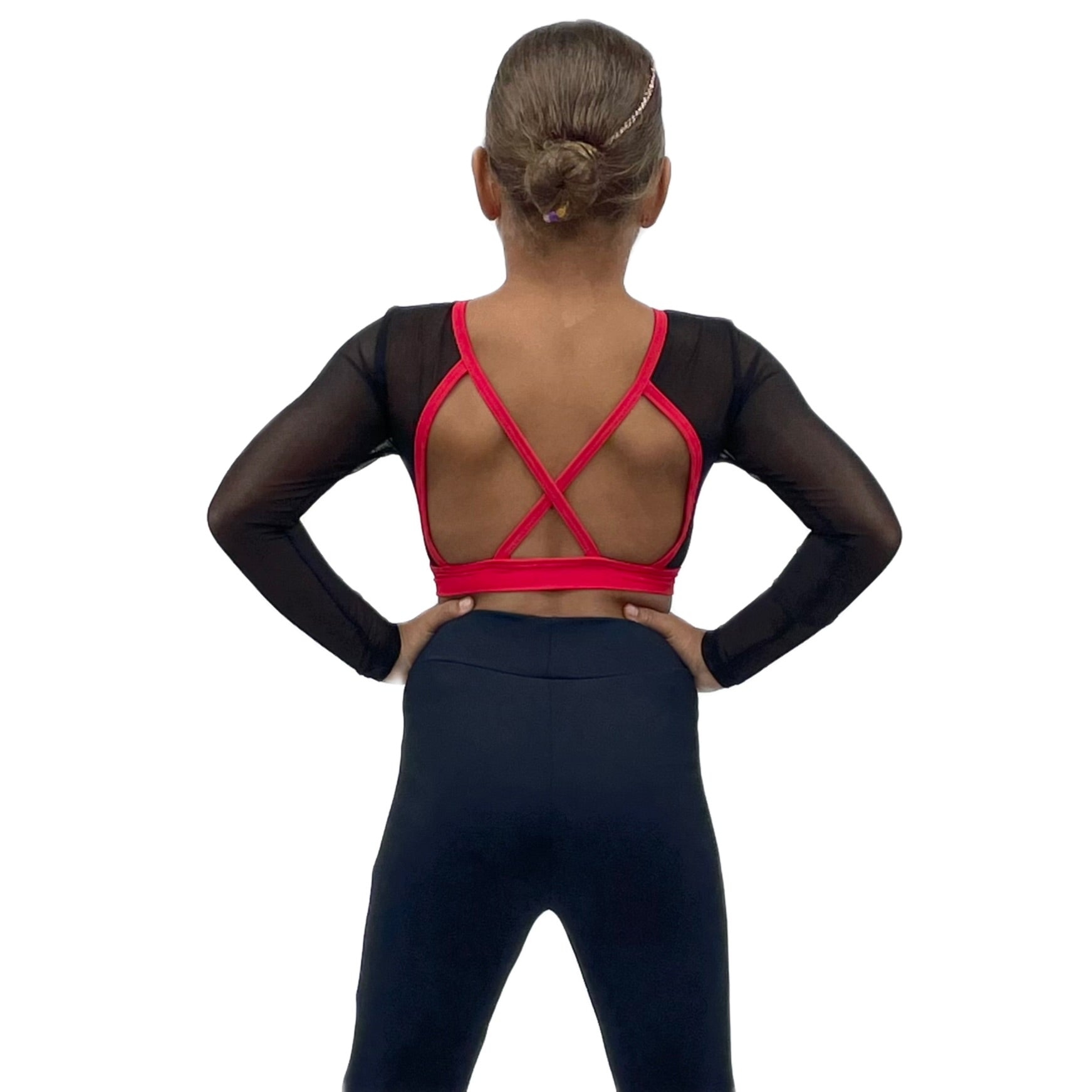 Long Sleeved Mesh Red & Black Cross Back Crop Top | Razzle Dazzle