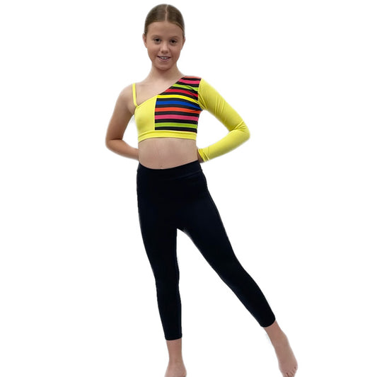One Sleeved Yellow/Multi Stripe Crop Top | Razzle Dazzle Dancewear