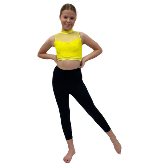 Yellow Lace Crop Top with Mesh Panels | Razzle Dazzle Dance Costumes
