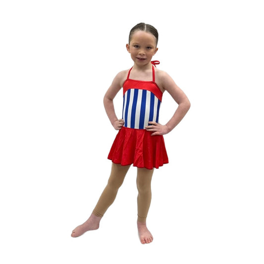 Blue & White Striped Halterneck Dress with Red Skirt | Razzle Dazzle