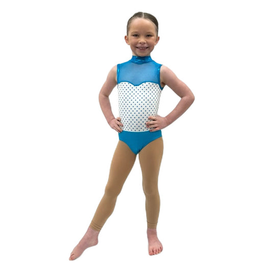 White & Blue Polka Dot Leotard with Mesh Panels