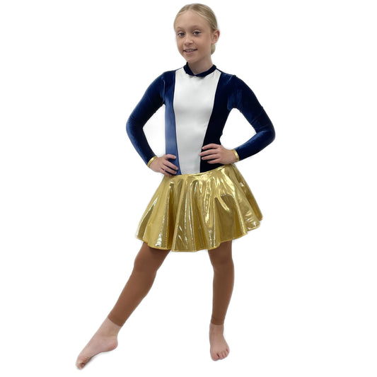Navy Blue Velour Gold Skirted Leotard | Razzle Dazzle Dance Costumes 