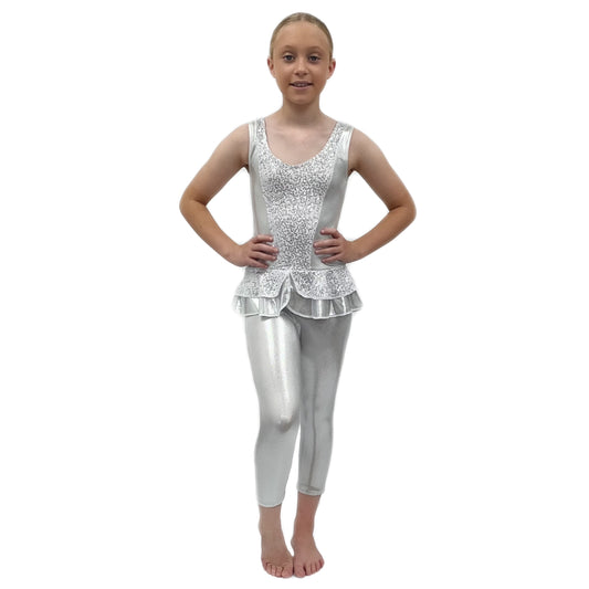 Silver Shine Sequin Ruffle Catsuit | Razzle Dazzle Dance Costumes Ltd